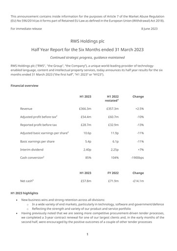 Thumbnail RWS Holdings Half-year Report 2023-h1