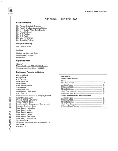 Thumbnail Adani Power Annual Report 2007-2008