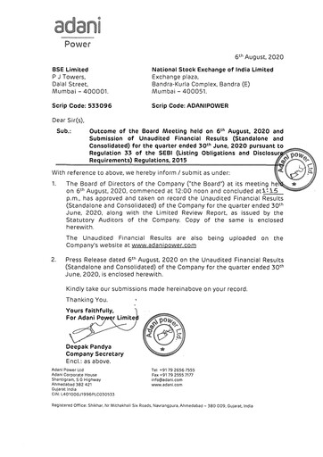 Vorschaubild Adani Power Quartalsbericht 2020-q1
