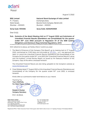 Vorschaubild Adani Power Quartalsbericht 2022-q1