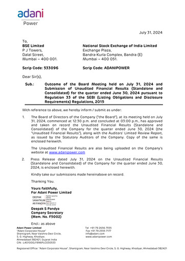 Vorschaubild Adani Power Quartalsbericht 2024-q1