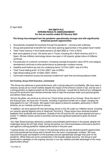 Thumbnail WH Smith Half-year Report 2022