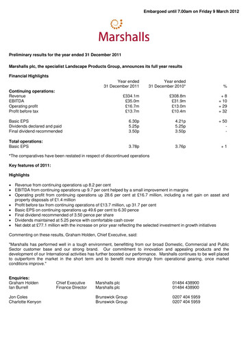Thumbnail Marshalls plc Financial Report 2011