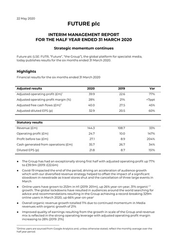 Thumbnail Future plc Half-year Report 2020
