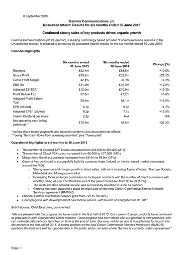 Thumbnail Gamma Communications Half-year Report 2015