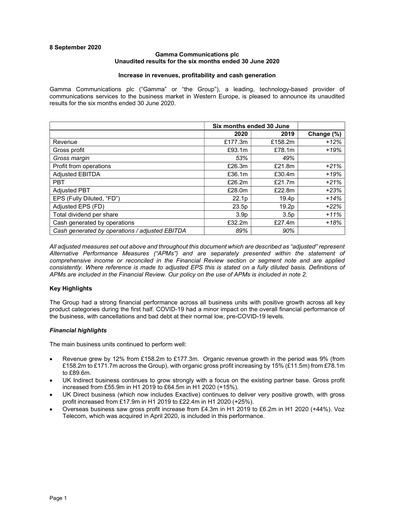 Thumbnail Gamma Communications Half-year Report 2020