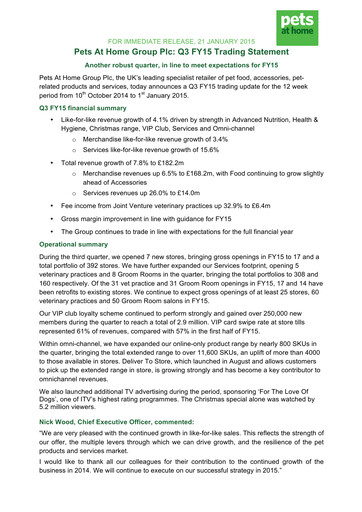 Thumbnail Pets at Home Quarterly Report 2015-q3