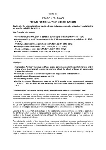 Thumbnail Savills Half-year Report 2016-h1