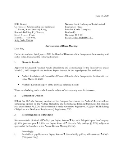Thumbnail Indian Hotels Company Financial Statement 2019-2020