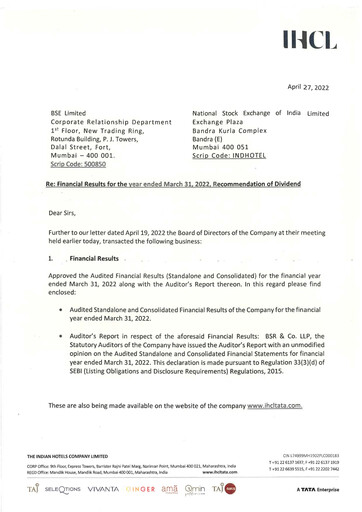 Thumbnail Indian Hotels Company Financial Statement 2021-2022