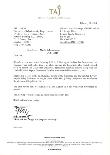 Thumbnail Indian Hotels Company Quarterly Report 2017-q3