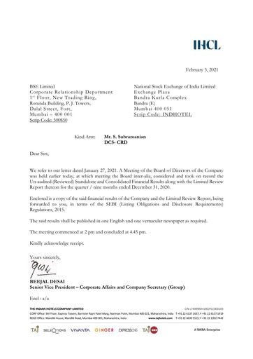 Thumbnail Indian Hotels Company Quarterly Report 2020-q3