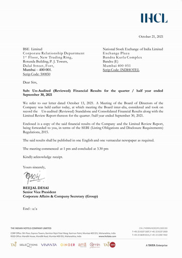 Thumbnail Indian Hotels Company Quarterly Report 2021-q2