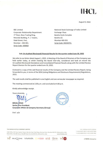 Thumbnail Indian Hotels Company Quarterly Report 2022-q1