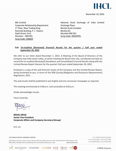 Thumbnail Indian Hotels Company Quarterly Report 2022-q2