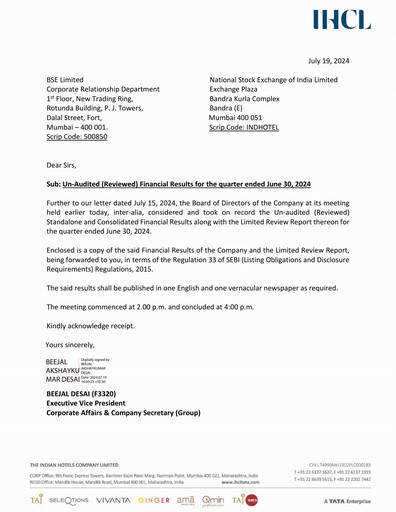 Thumbnail Indian Hotels Company Quarterly Report 2024-q1
