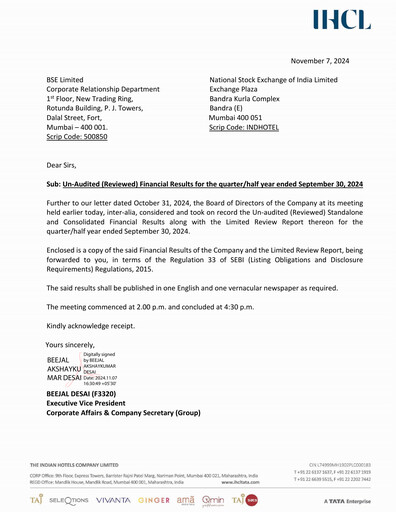 Thumbnail Indian Hotels Company Quarterly Report 2024-q2