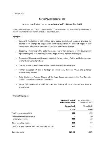 Thumbnail Ceres Power Half-year Report 2014-h2