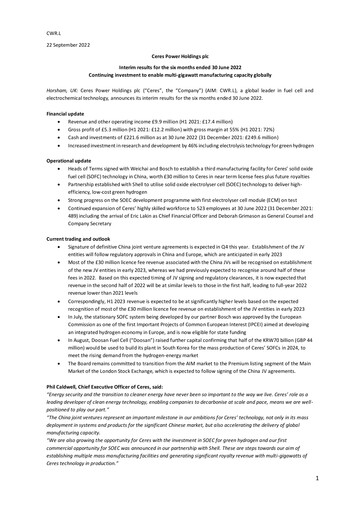 Thumbnail Ceres Power Half-year Report 2022-h1