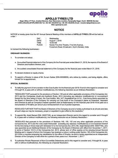 Thumbnail Apollo Tyres Annual Report 2017-2018