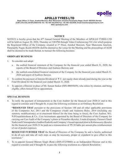 Thumbnail Apollo Tyres Annual Report 2019-2020