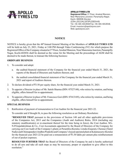 Thumbnail Apollo Tyres Annual Report 2020-2021