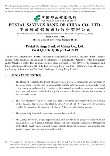 Thumbnail Postal Savings Bank of China
 Quarterly Report 2019-q1
