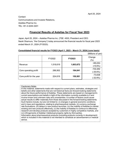 Thumbnail Astellas Pharma Financial Report fy2023