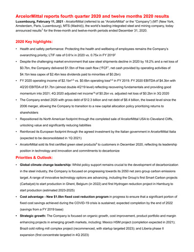 Thumbnail ArcelorMittal Quarterly Report 2020-q4