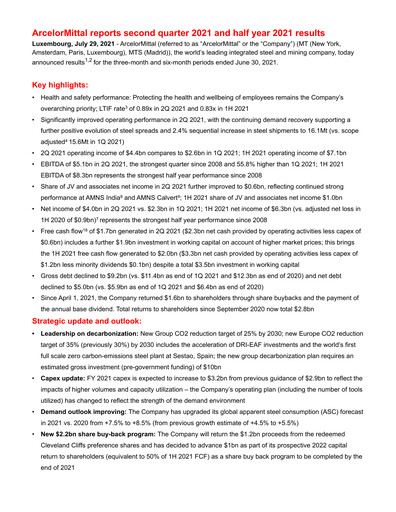 Thumbnail ArcelorMittal Quarterly Report 2021-q2