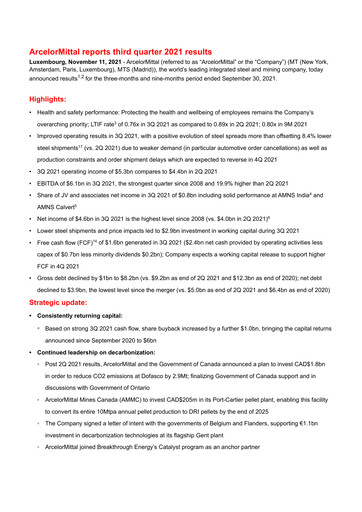 Thumbnail ArcelorMittal Quarterly Report 2021-q3