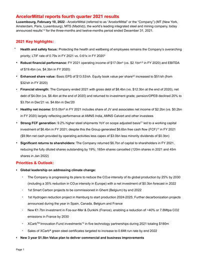 Thumbnail ArcelorMittal Quarterly Report 2021-q4