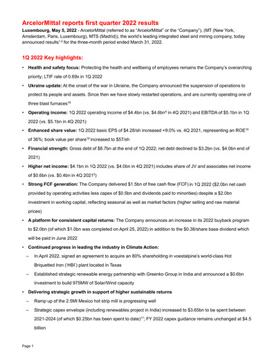 Thumbnail ArcelorMittal Quarterly Report 2022-q1
