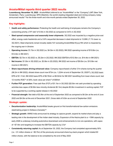 Thumbnail ArcelorMittal Quarterly Report 2022-q3