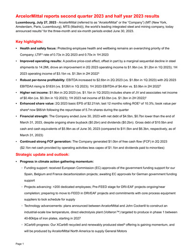 Thumbnail ArcelorMittal Quarterly Report 2023-q2
