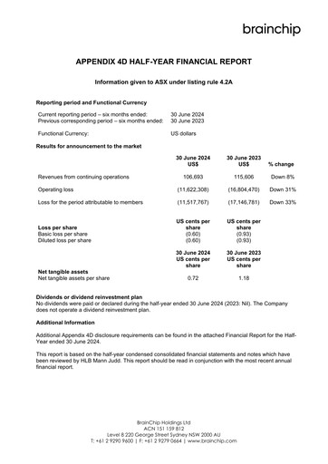 Thumbnail BrainChip Financial Report 2024-h1