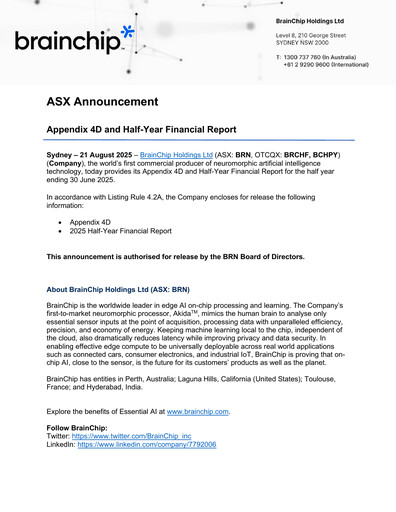 Thumbnail BrainChip Financial Report 2025-h1