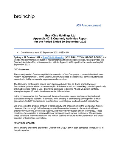 Thumbnail BrainChip Quarterly Report 2022-q3