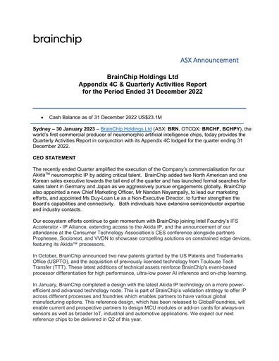 Thumbnail BrainChip Quarterly Report 2022-q4