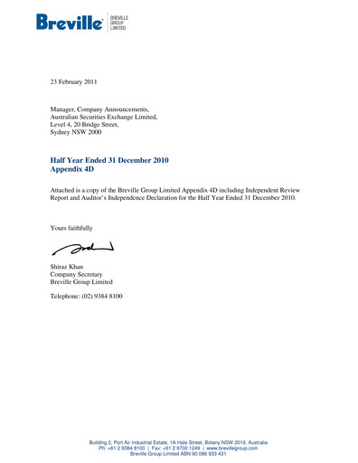 Thumbnail Breville Group Half-year Report 2011-h1