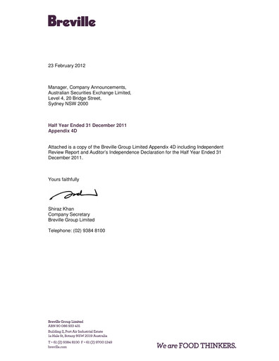 Thumbnail Breville Group Half-year Report 2012-h1