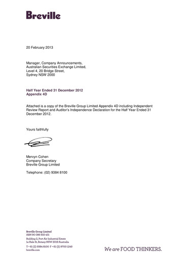 Thumbnail Breville Group Half-year Report 2013-h1