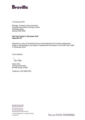 Thumbnail Breville Group Half-year Report 2019-h1