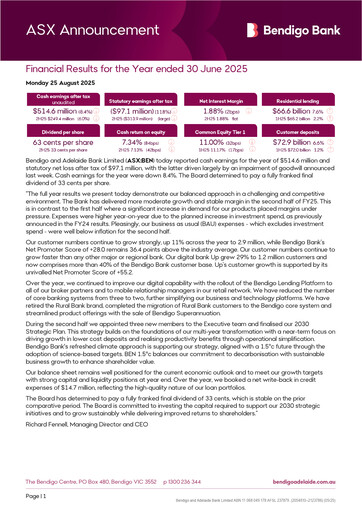 Thumbnail Bendigo and Adelaide Bank Financial Report 2025