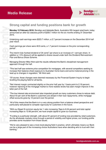 Thumbnail Bendigo and Adelaide Bank Half-year Report 2016-h1