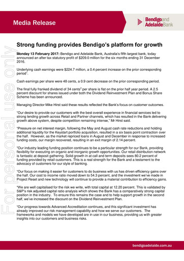 Thumbnail Bendigo and Adelaide Bank Half-year Report 2017-h1