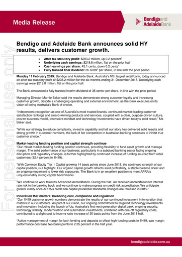 Thumbnail Bendigo and Adelaide Bank Half-year Report 2019-h1