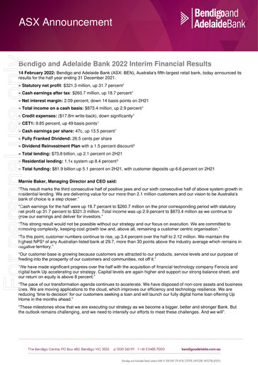 Thumbnail Bendigo and Adelaide Bank Half-year Report 2022-h1