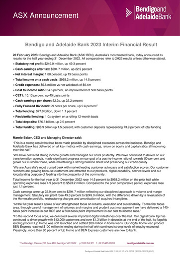 Thumbnail Bendigo and Adelaide Bank Half-year Report 2023-h1