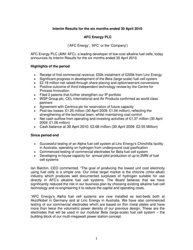 Thumbnail AFC Energy Half-year Report 2010-h1